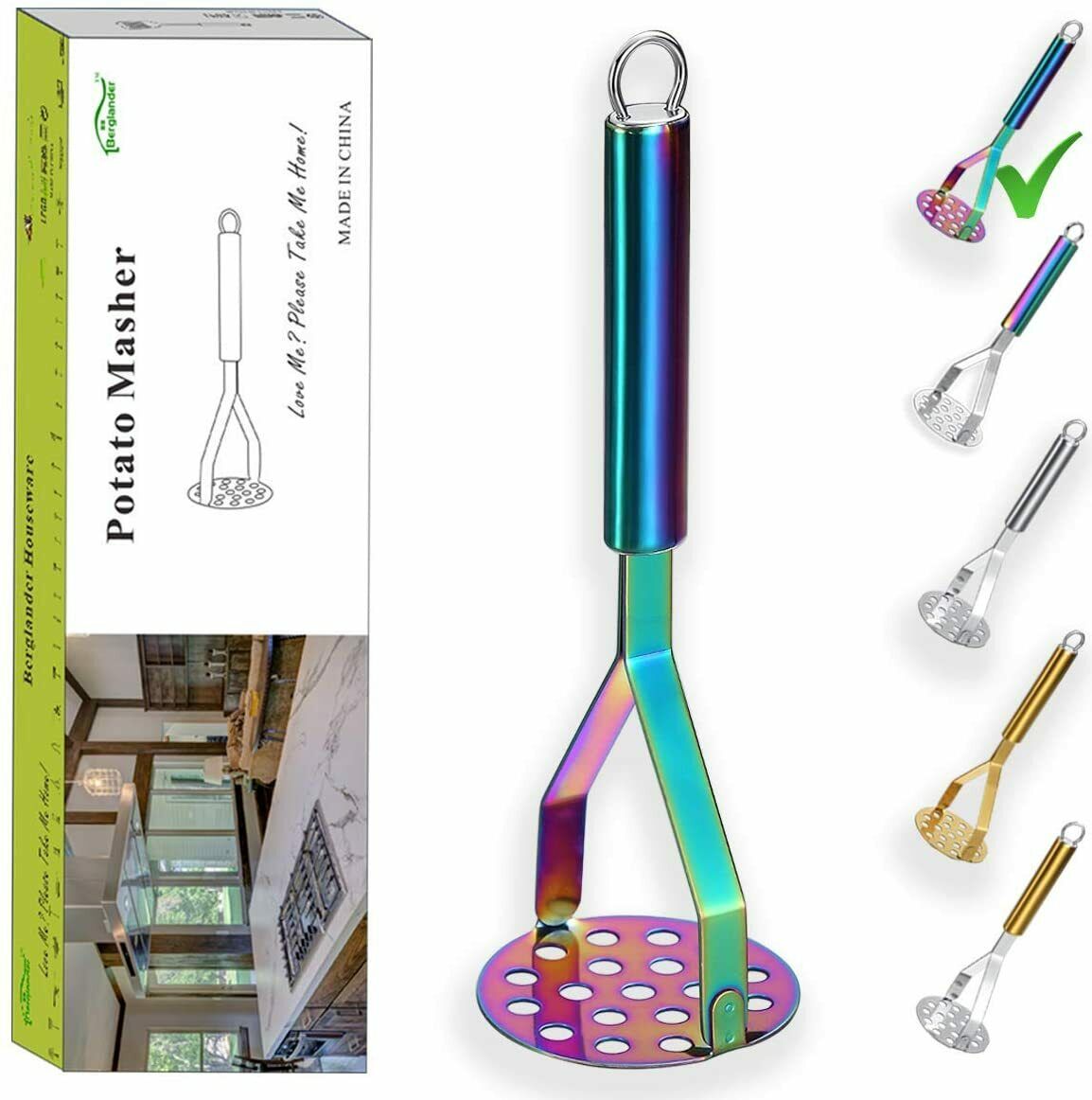 Potato Masher, Heavy Duty Stainless Steel Rainbow Potato Ricer With Colorful