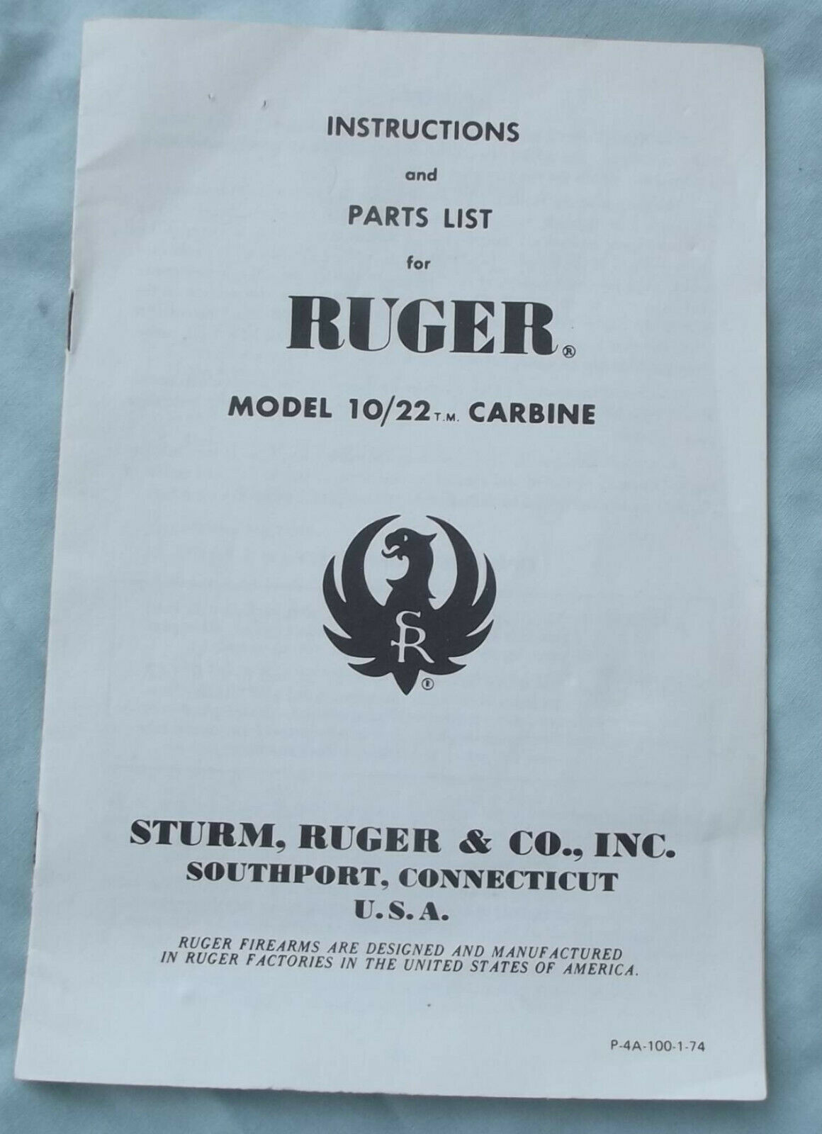 Ruger 10/22 Carbine Rifle Parts List & Instructions Manual 1974