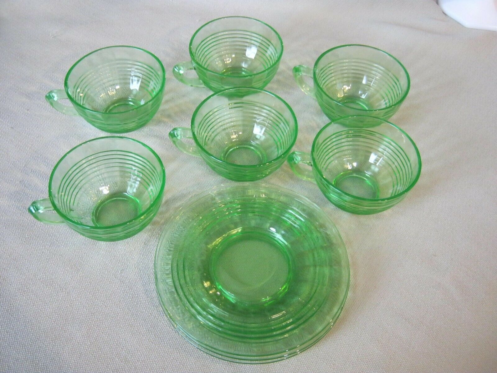 Lot Vintage Hocking Depression Glass Circle Pattern, Green, 6 Cups, 3 Saucers