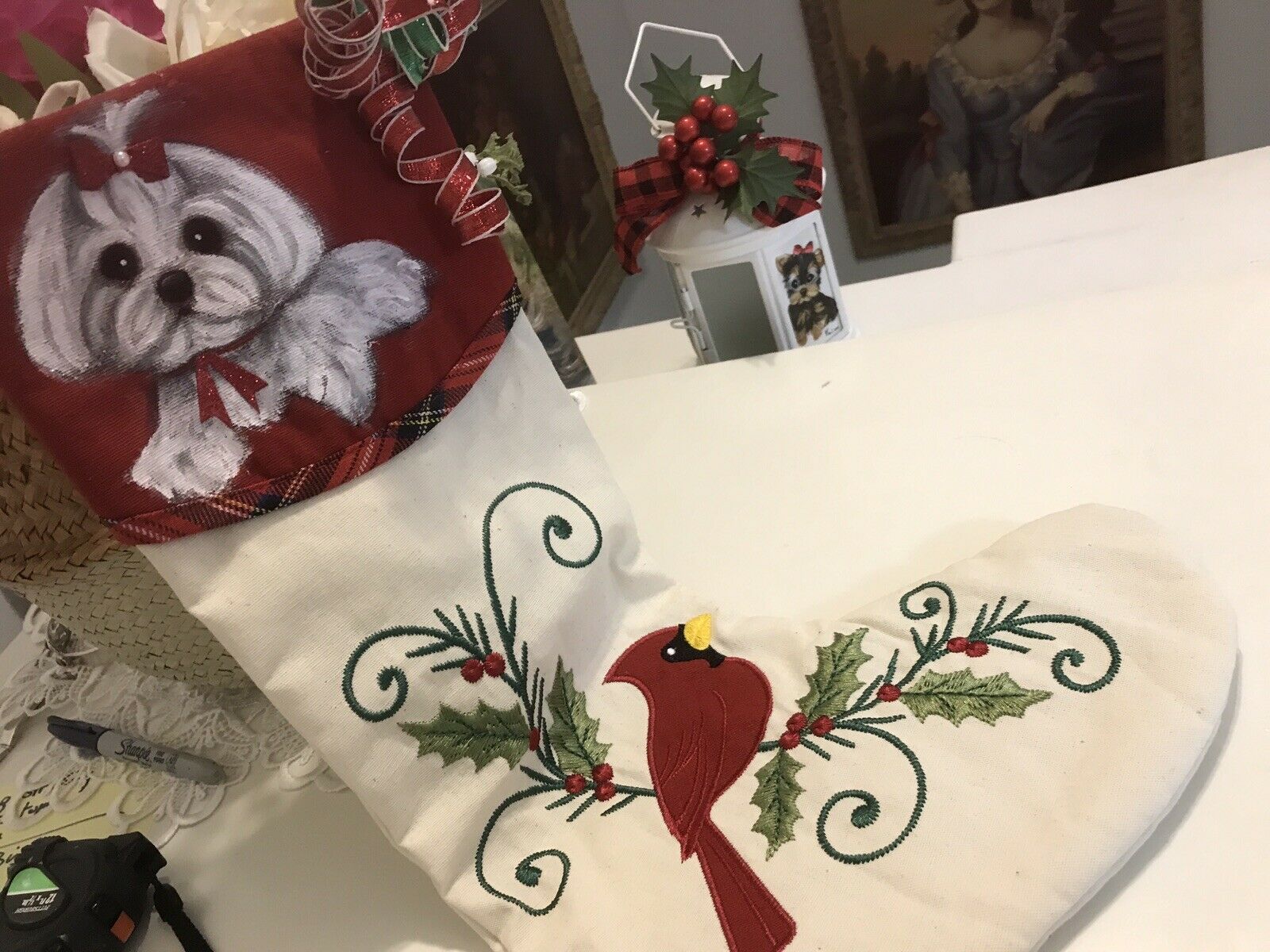 Maltese Hand Painted Christmas Stocking