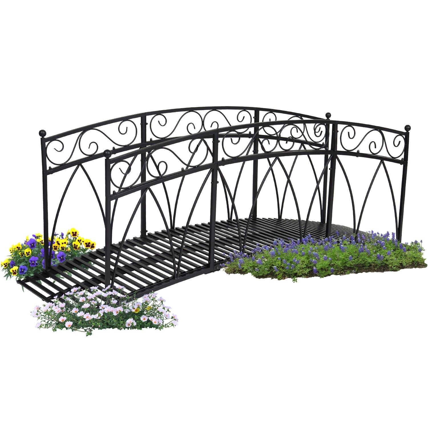 8 Ft Metal Garden Bridge Curved Outdoor Decorative Pond Bridge W/ Safety Rails