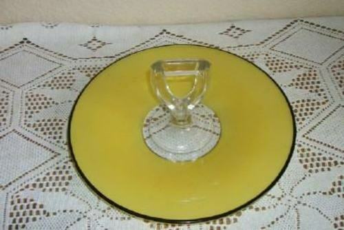 Art Deco Anchor Hocking Depression Glass Cake Plate Handle Yellow Black Stripe