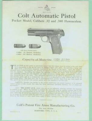 Colt Model Pocket 32  & 380 1903 & 1908 Owners Manual Reproduction