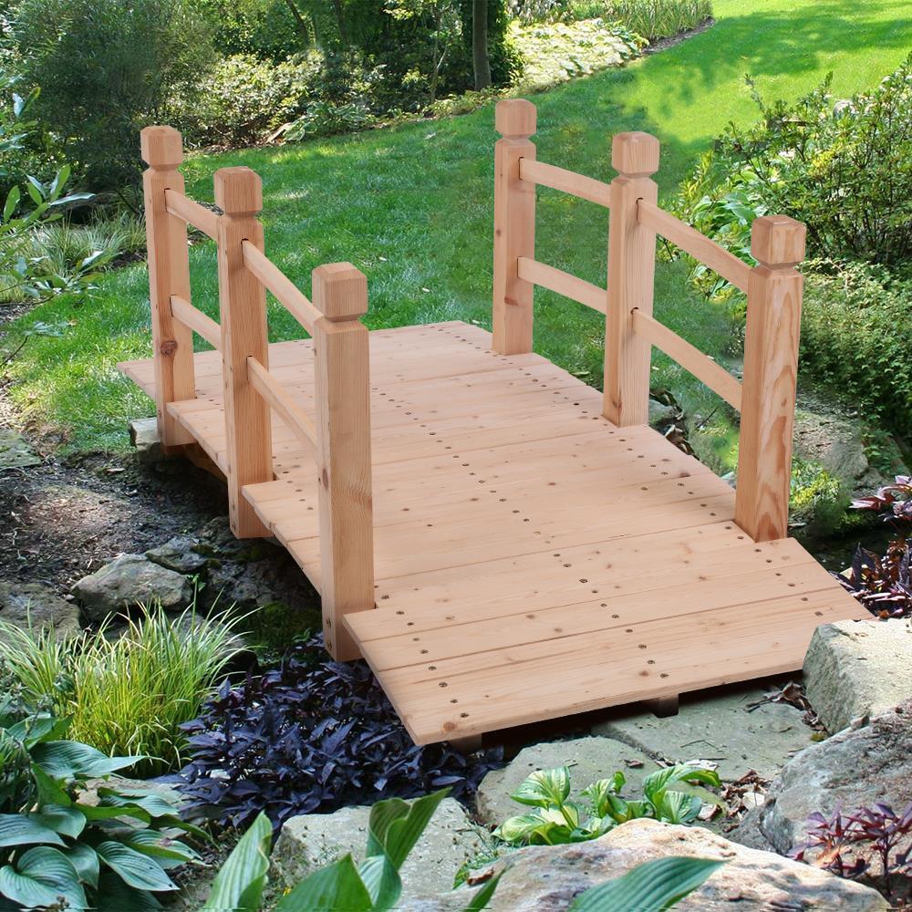 5' Wooden Bridge Stained Decorative Solid Wood Garden Pond Arch Walkway Us New