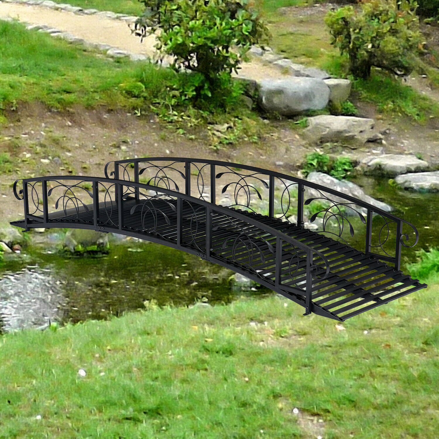8 Ft Large Garden Bridge Curved Outdoor Metal Decorative Pond Bridge Side Rails