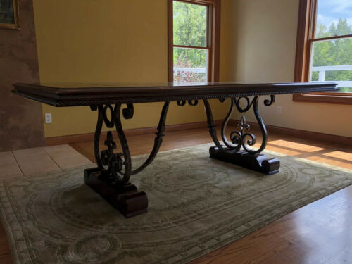 Large Solid Wood And Wrought Iron Dinning Room Table