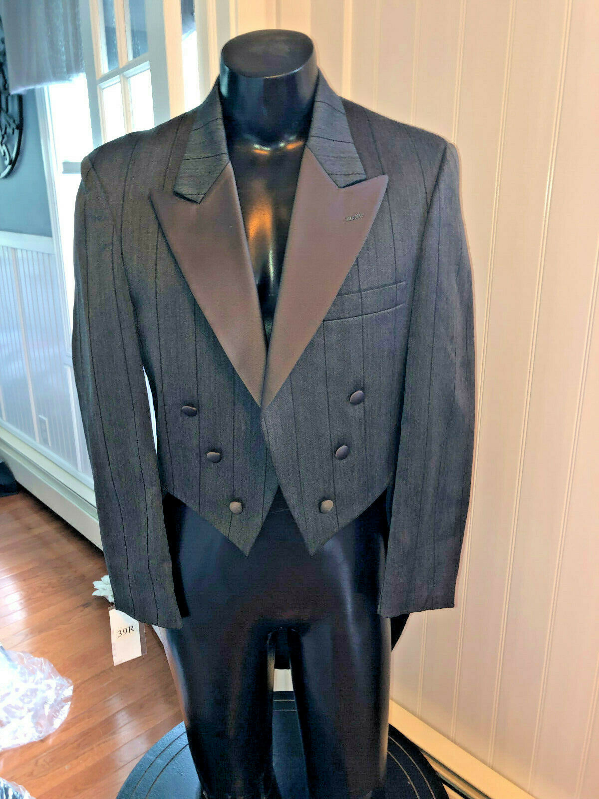 Mens Vintage Dark Grey Pinstripe Tail Coat Peak Lapel Christian Dior 38l