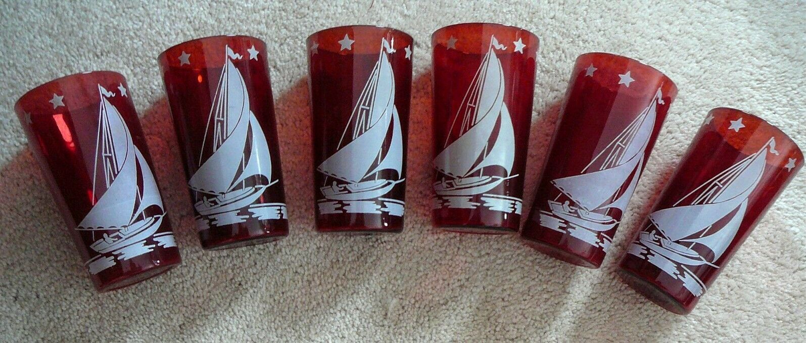 Vtg Art Deco Depression Glass Set 6 Ruby Red Tumblers White Sailboats & Stars Ex