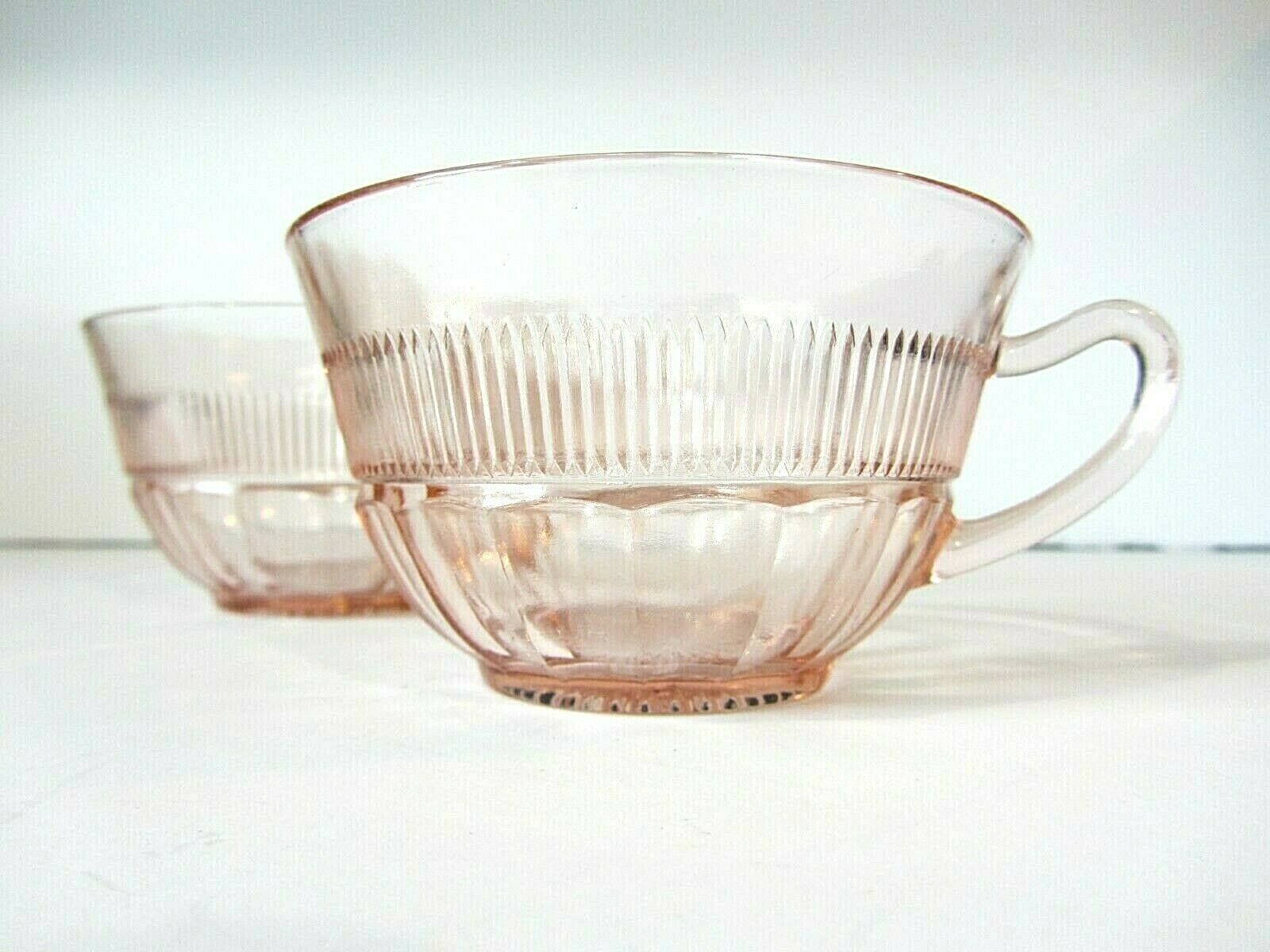 Two Coronation Pink Cups, Banded Rib, Saxon, Depression Glass, Hocking 1936-1940